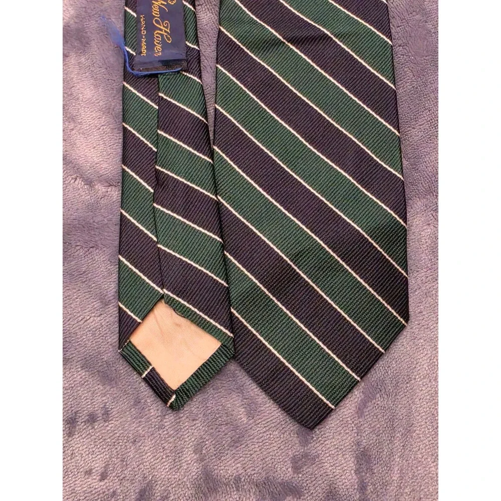 Reis of New Haven Silk Tie Navy Green White Striped O'Neils Mens Shops Hand Made